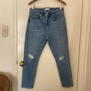 LOFT Modern High-Waist 5-Pocket Skinny Ankle Blue Jeans Size 29/8. Frayed Knees